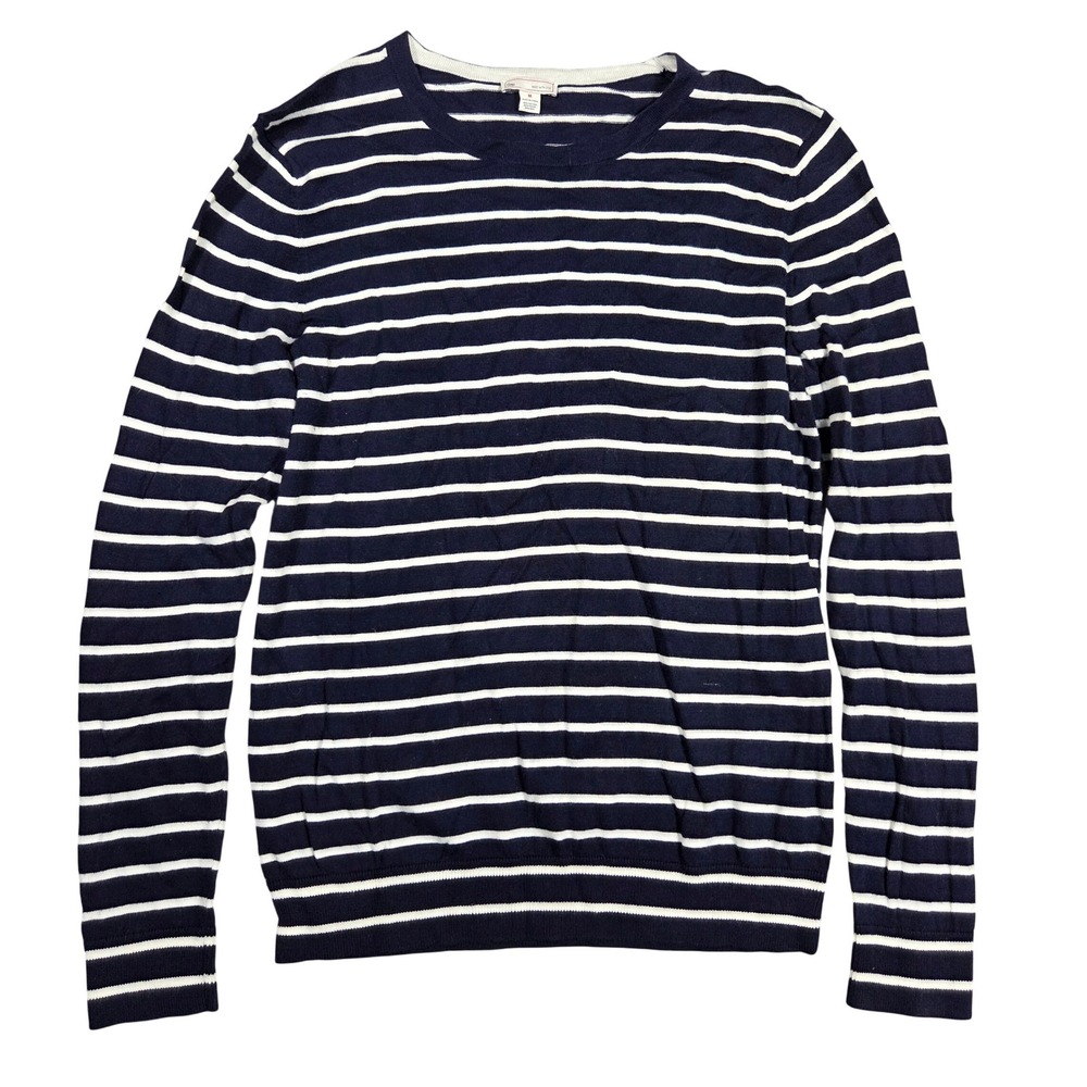 Gap Womens Navy Blue White Striped Cotton Silk Blend Crew Neck Sweater Medium